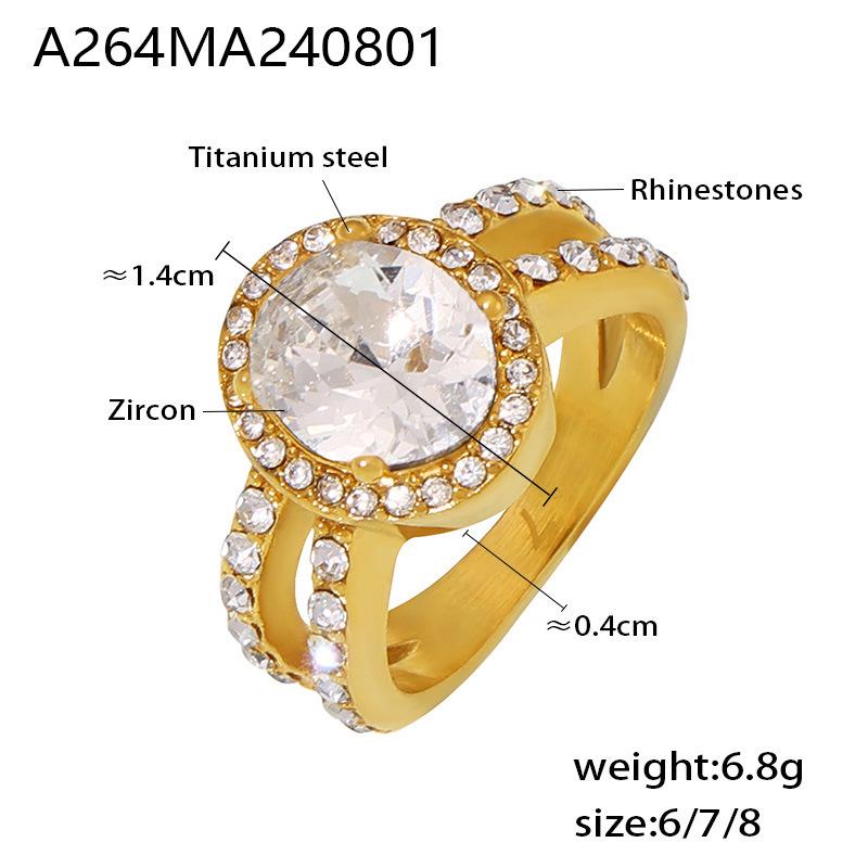 18k Gold-Plated French Retro Zircon Diamond Oval Ring in Titanium Steel Size 6