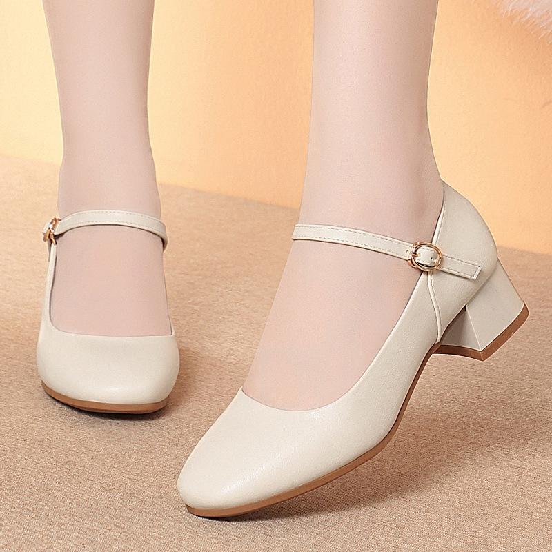 One-Line Button Work Shoes Black Workwear Upper Interview Commuter Single Shoes Thick Heel Women's Leather Shoes Comfortable