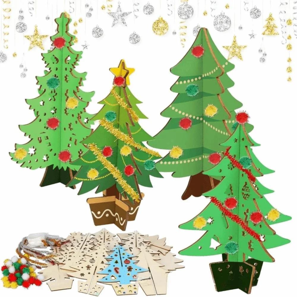70Pcs DIY Handmade Christmas Tree Painting Parent-child Interaction Christmas Crafts Set 3D Painted Wood Chips