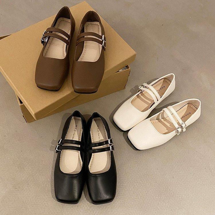 Retro Firkantet Hode Grunn Munn Enkelt Sko Kvinne Vår og Høst Temperament Fairy Myk Flatbunn Mary Jane Sko
