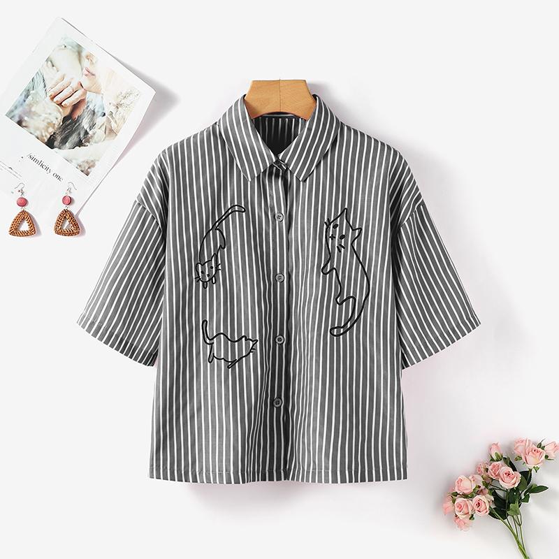 ZANZEA Women Turn Down Collar Loose Casual Short Sleeve Stripe Blouse