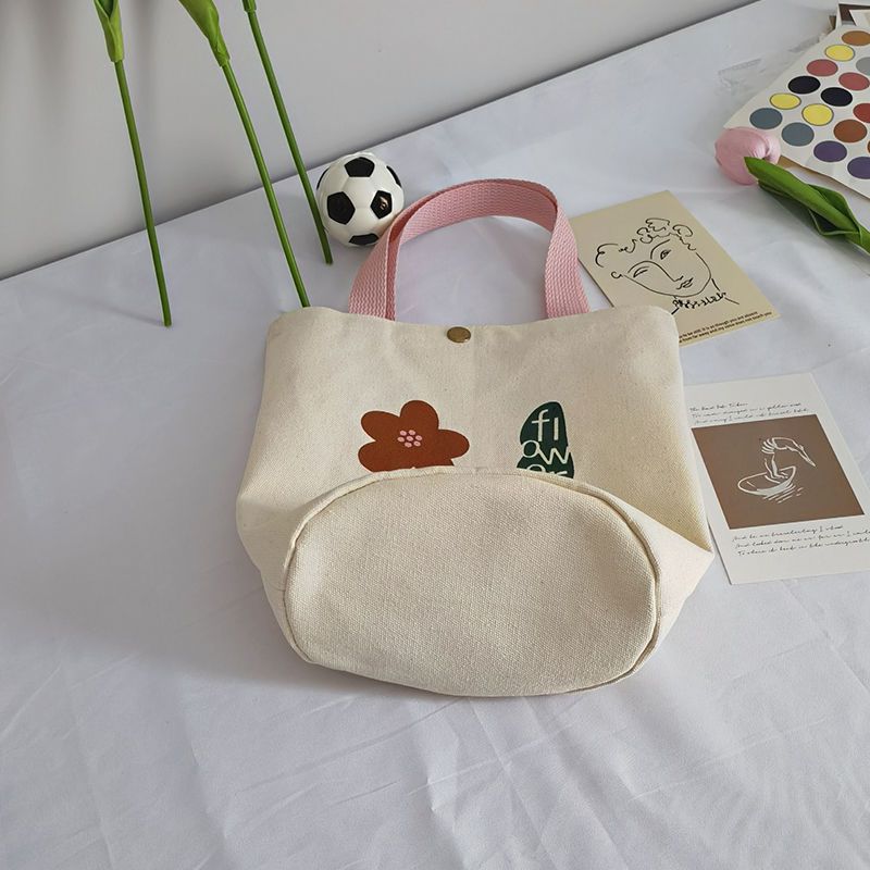 Damenhandtasche aus Canvas mit Nischendesign und Aufdruck, zum Mitnehmen von Lunchboxen, Bento-Stoffbeutel, einfache, vielseitige Einkaufstasche im literarischen Eimer-Stil