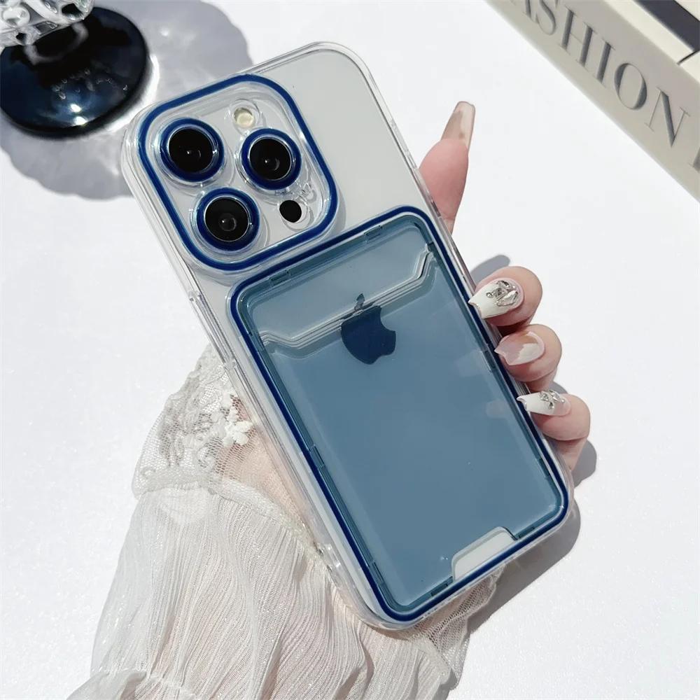 Card Holder Transparent Case for iPhone 15 14 13 16 17 Pro Max Air Plus 11 12 Double Color Wallet Soft Shockproof Cover