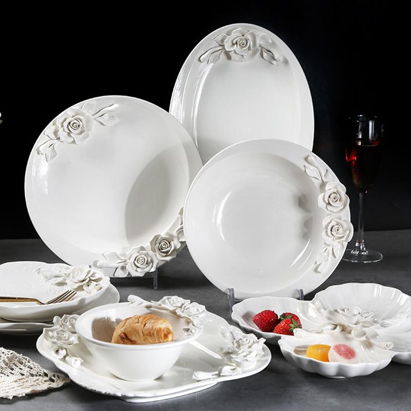 Blumenrelief Keramikteller Frühstück Obstsalat Speiseteller Hotel Restaurant Westlicher Teller Küche Dessertteller Besteck