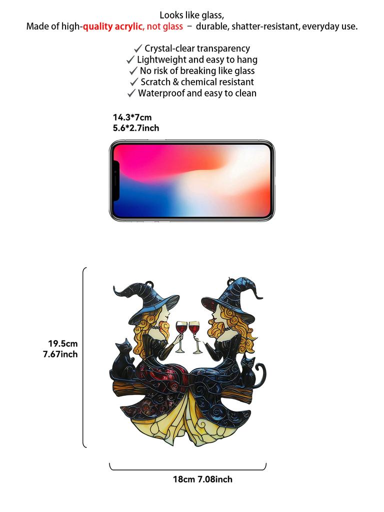 Acrylic Halloween Witch Hanging Decoration - Black Cat&Two Witches Toasting with Wine Glasses Wall Decor, Gothic Window Ornament