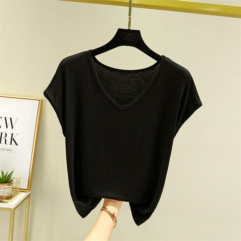 Women Summer Solid V Neck Basic T Shirt Modal Loose Tee Tops Casual Undershirt