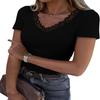 Women Lace V Neck Short Sleeve Fitted Solid T Shirt