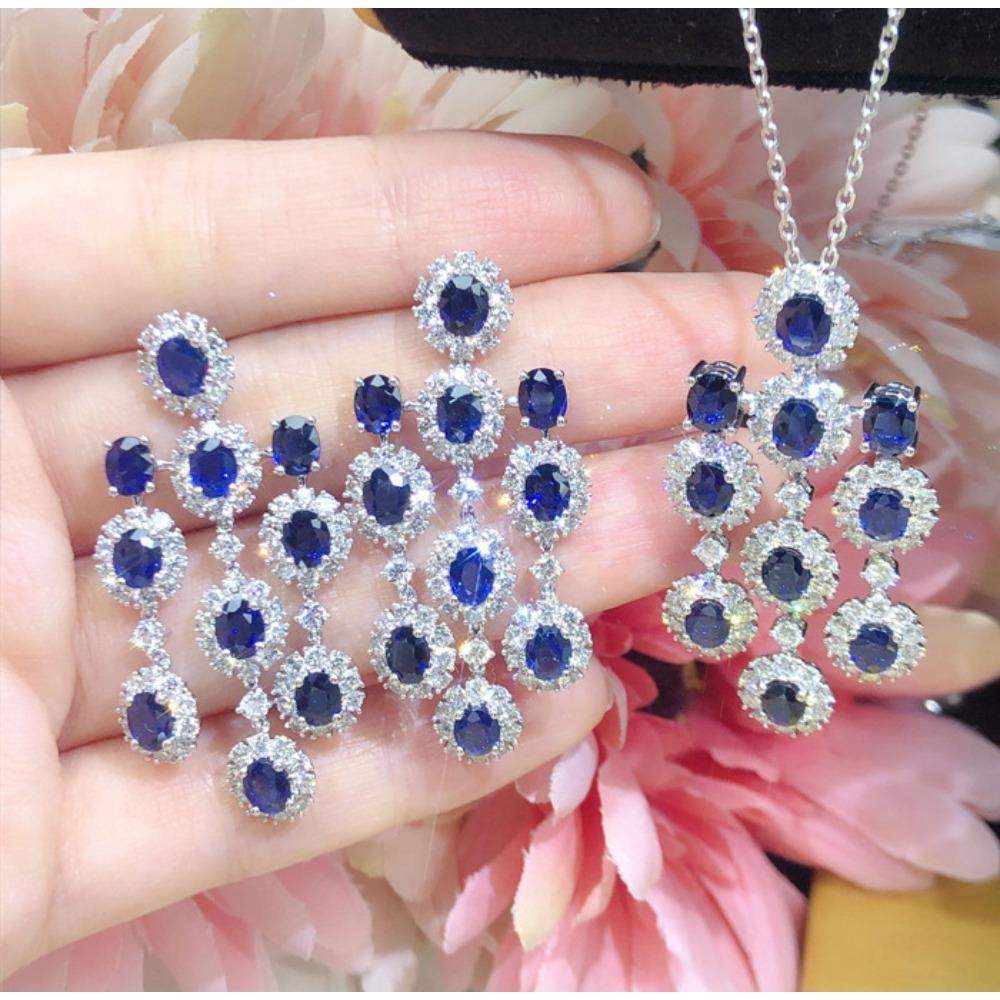 Luxury Blue Diamond Long Earrings Royal Blue Sapphire Necklace Pendant Set for Women Elegant Goddess Jewelry