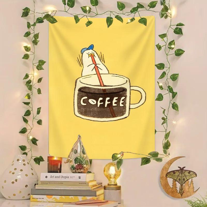 Coffee Survival Duck Tapestry Korean Healing Series, Cozy Wall Art for Coffee Shop Room Decoration