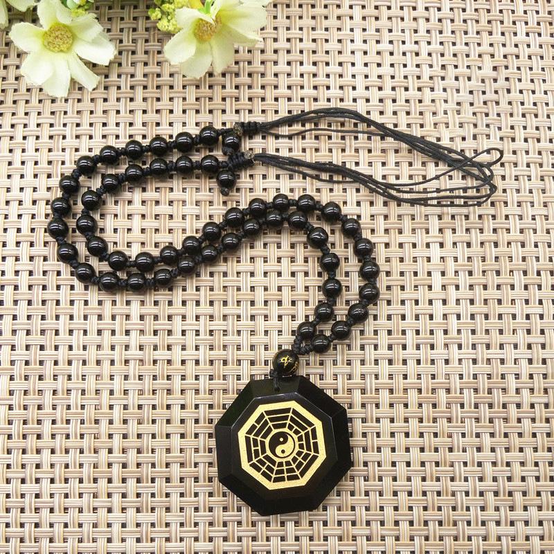 Natural Obsidian Yin Yang Tai Chi Bagua Pendant Necklace