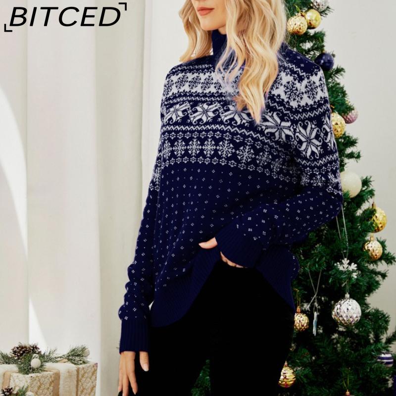 BITCED Autumn/Winter Jacquard Pullover Red Turtleneck Christmas Sweater Snowflake Knit Base Layer