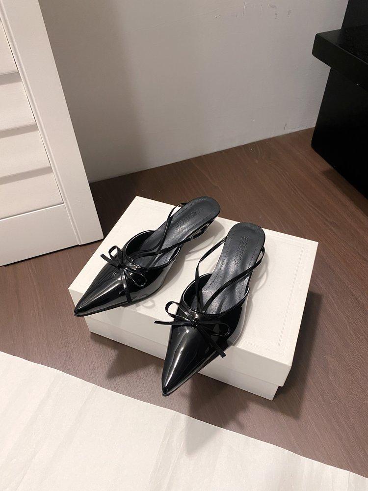 2025 spring new French bow pointed kitten heel high heels bag head cool slippers low heel empty single shoes