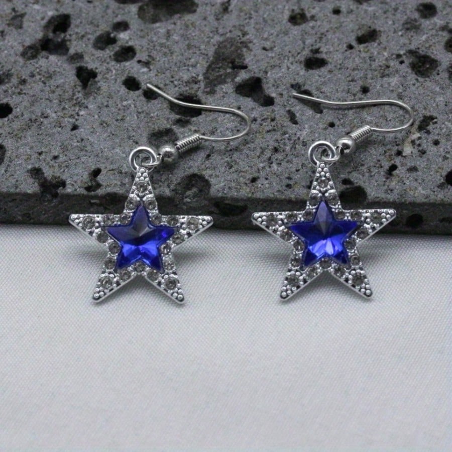 1pair Vintage Gothic Style Sparkly Rhinestone Decor Star Shaped Dangle Earrings Blue Center Stone Goth Jewelry