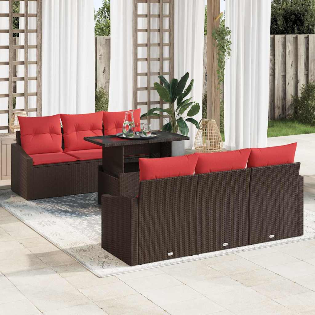Garden Sofa Set 7 Pieces 6 Seater Brown and Red Poly Rattan