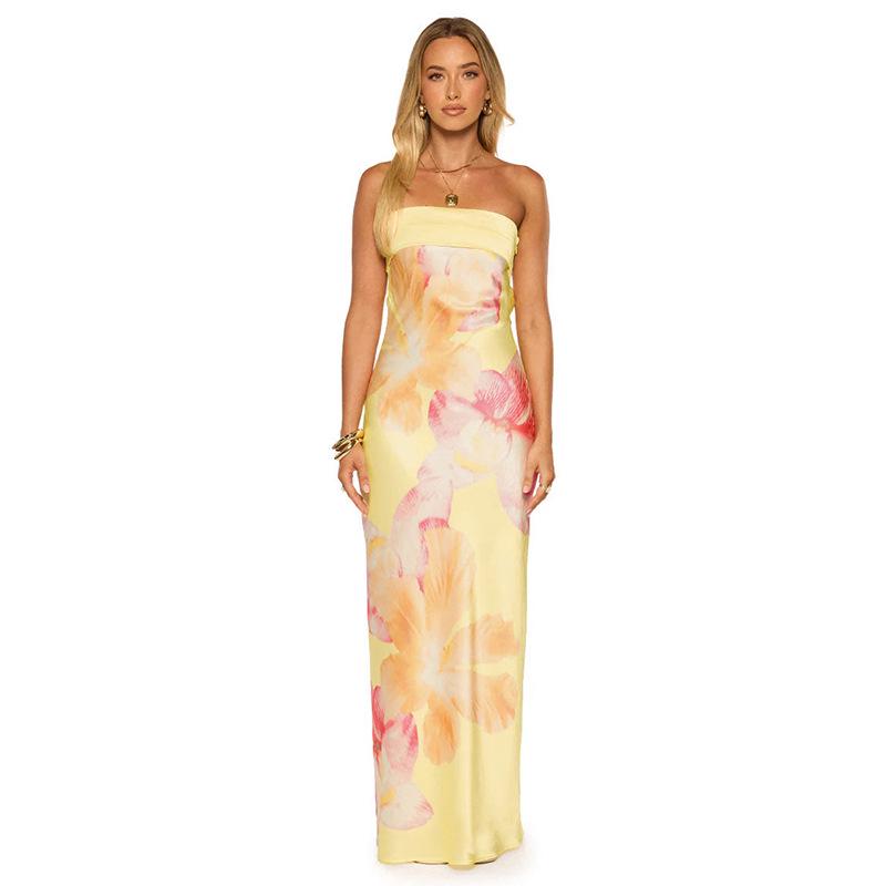 Women's Strapless Floral Print Long Dress - Spring/Summer Fashion, Resort Casual Style