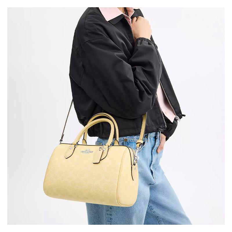 COACH Rowan 25 Logo Printed Boston Bag Shoulder Coated Canvas Handbag Medium Women Yellow