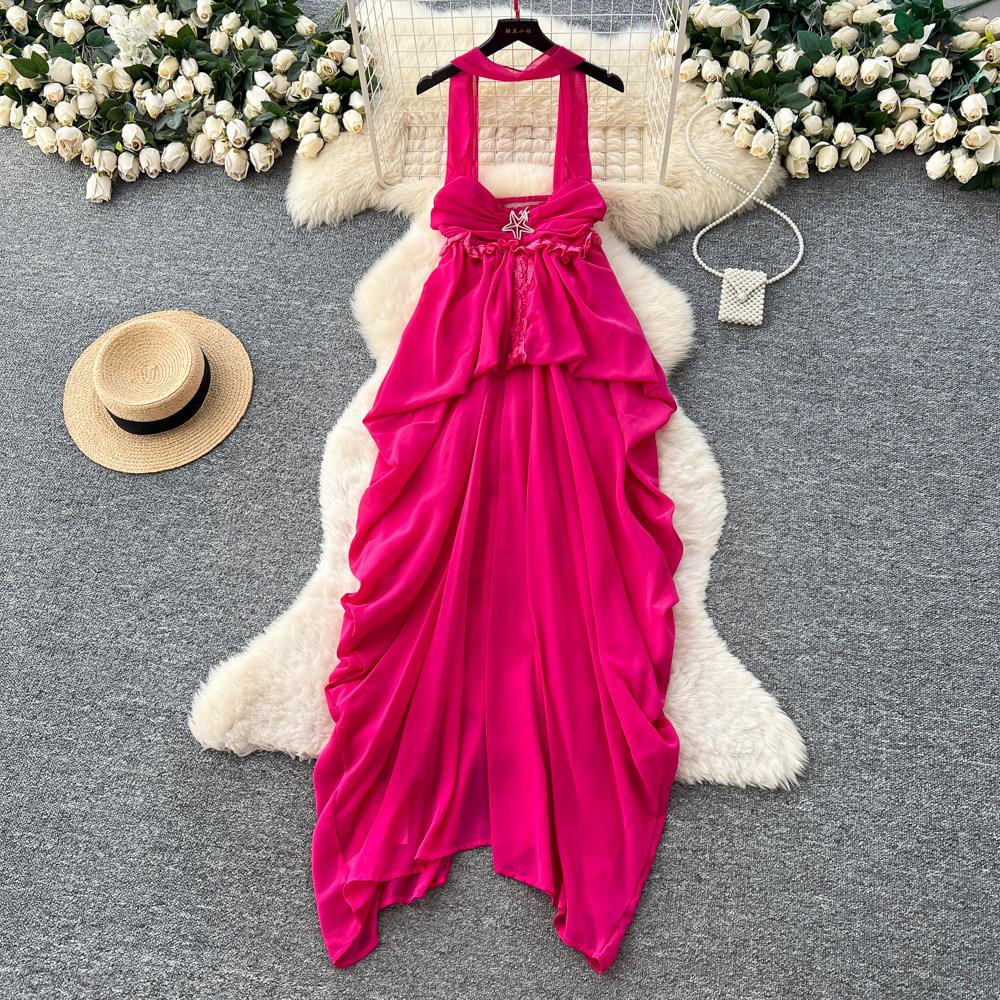 Holiday style blue neck halter dress women's summer high waist A word long dress temperament commuting irregular large skirt