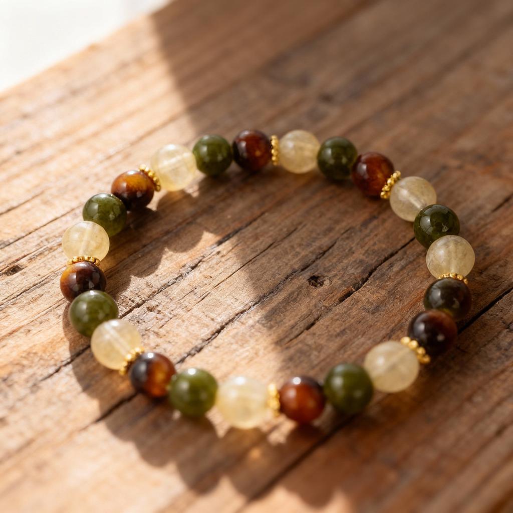 Festive Gifts Tiger Eye Green Aventurine And Rutilated Quartz Beaded Bracelet Natural Fashion Jewelry Daily Wear Simple Versatile Accessory
