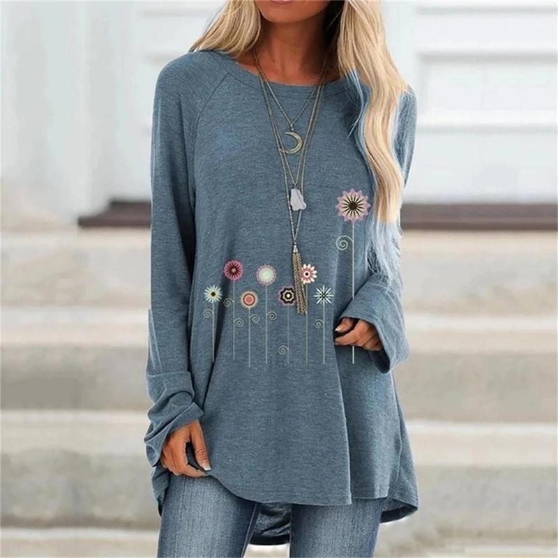 Ladies Flowers Printed Round Neck Long Sleeves Plus Size Cotton Tunic Loose T-Shirt Summer New Casual Fashion Women Clothing