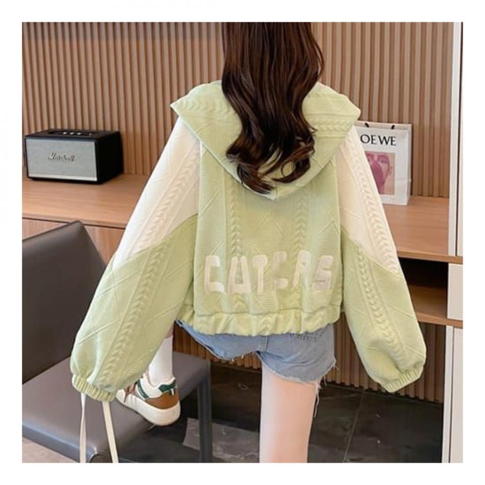 Navava Nc158 Cable Knit Color Block Crop Long Sleeve Hooded Zip Up