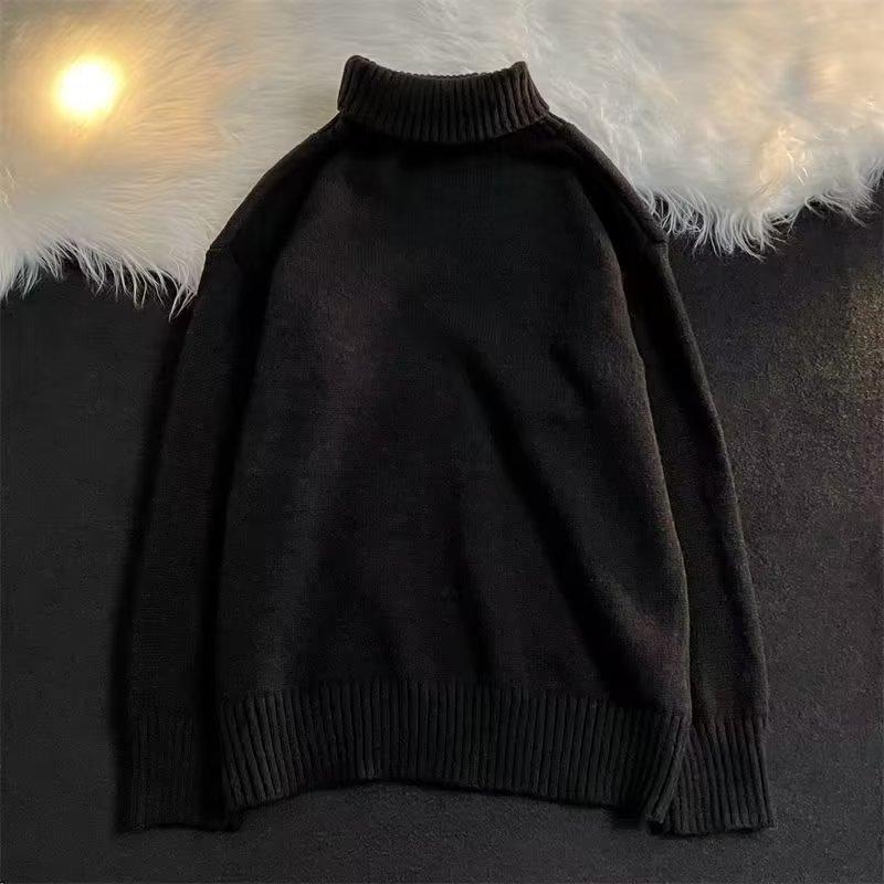 Turtleneck black sweater men's winter loose lazy style bottoming shirt large size high-end knitted sweater winter