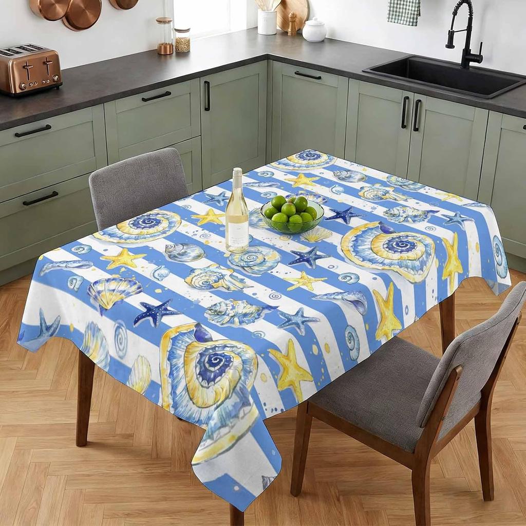 Summer Sea Conch Starfish Blue Striped Rectangle Tablecloth for Table Decor Reusable Kitchen Dining Table Cloth Wedding Decor