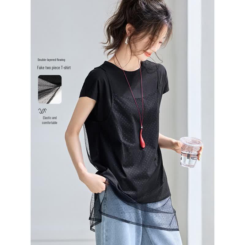 Women s Flowy Lace Mesh Patchwork T-shirt S