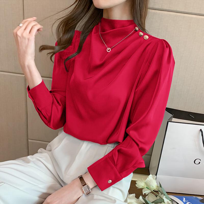 Elegant Draped Neck Long-Sleeve Blouse with Puff Shoulders
