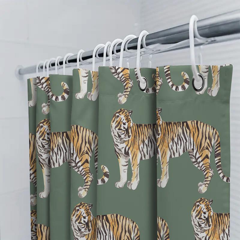 Stylish Tiger Print Shower Curtain for Bathroom Decor Personalized Custom Name Adding Green Background Pattern Home Decoration.
