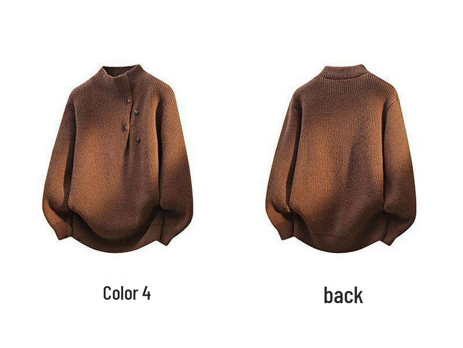 2025 Button-Design High Neck Gray Knit Sweater: Retro Loose Fit for Autumn/Winter