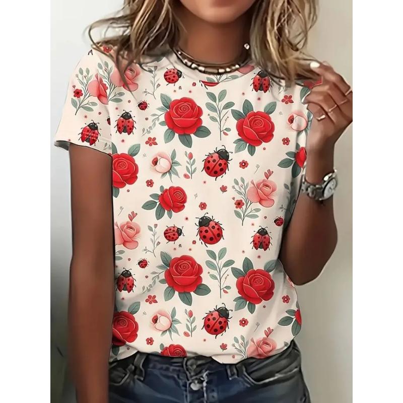 Fashion Women's Crew Neck T-Shirt 3D Flower Color Printing Crew Neck Short Sleeve