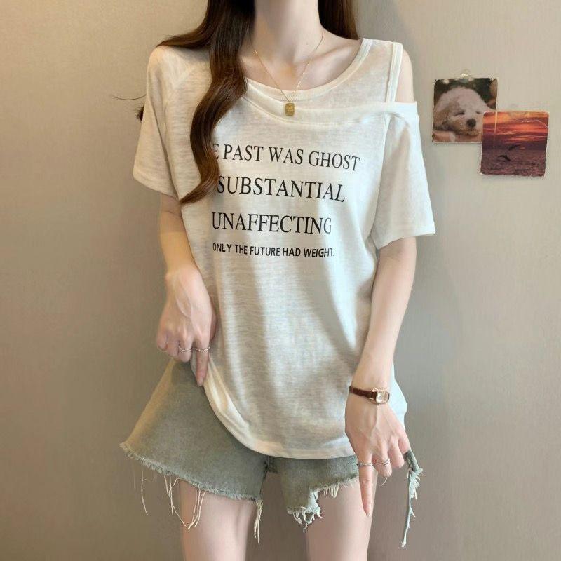 Asymmetrical Cold Shoulder Letter Print Casual Short Sleeve Women T-Shirt s белый