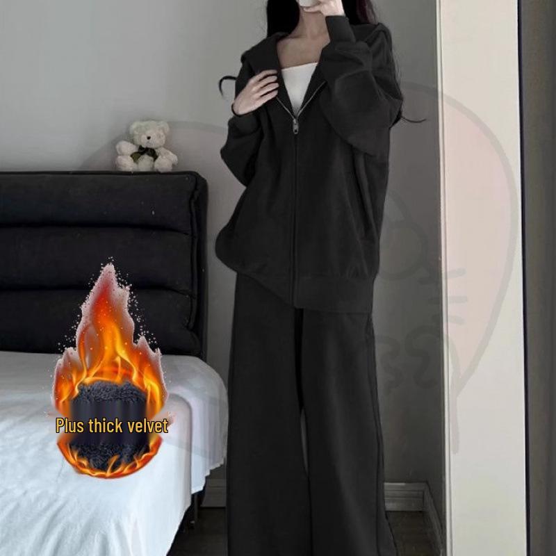 Dámská šedá mikina s kapucí a široké kalhoty - Ležérní podzimní/zimní dvoudílný set s kardiganovou bundou - Trend