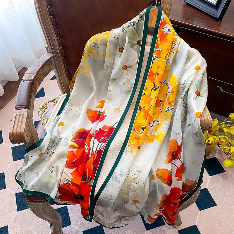 Luxury Brand 100% Real Silk Scarf Women Designer Shawls and Wraps Elegant Floral Print Pashmina Soft Long Scarves Femme Hijab