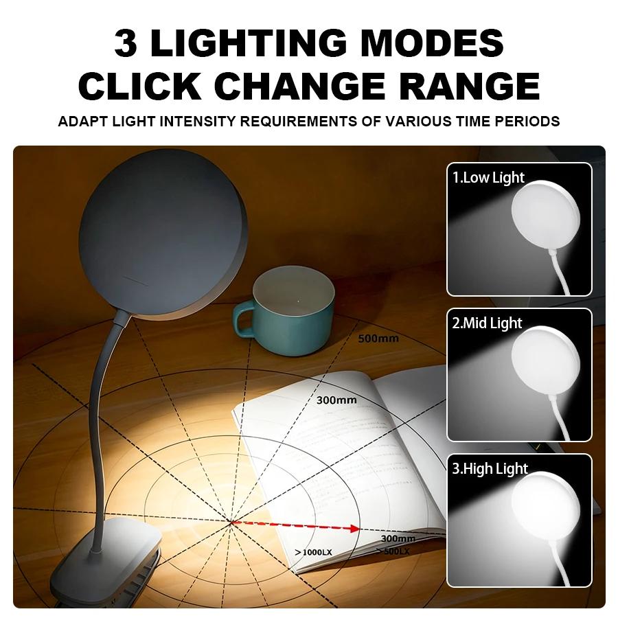 USB Rechargeable Folding Clip On Desk Lamp Touch Control 3 Level Dimming Eye Care Reading Light Portable Night Light