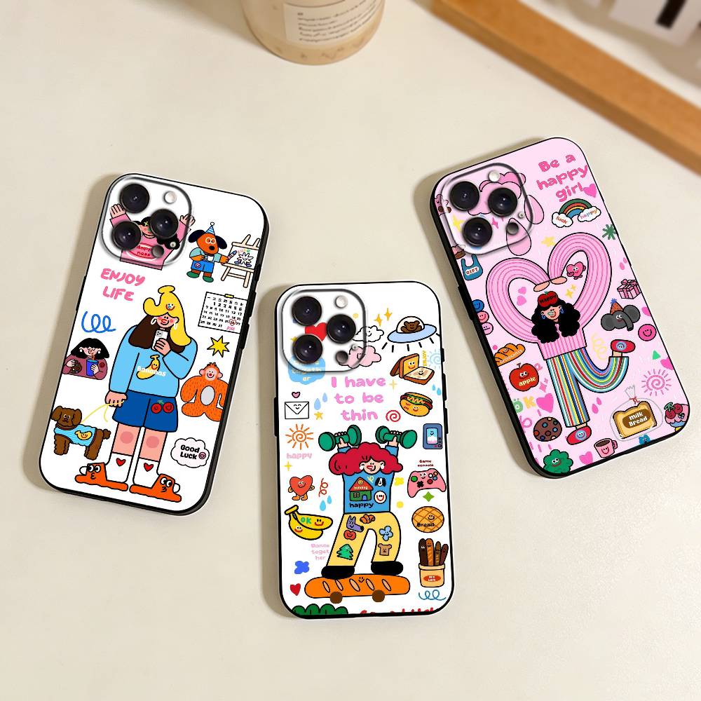 Ins Korean funny and happy girl Phone Case For iPhone 17,16,15,14,13,12,11 Plus,Pro Max,XS,Soft Silicone Black Cover