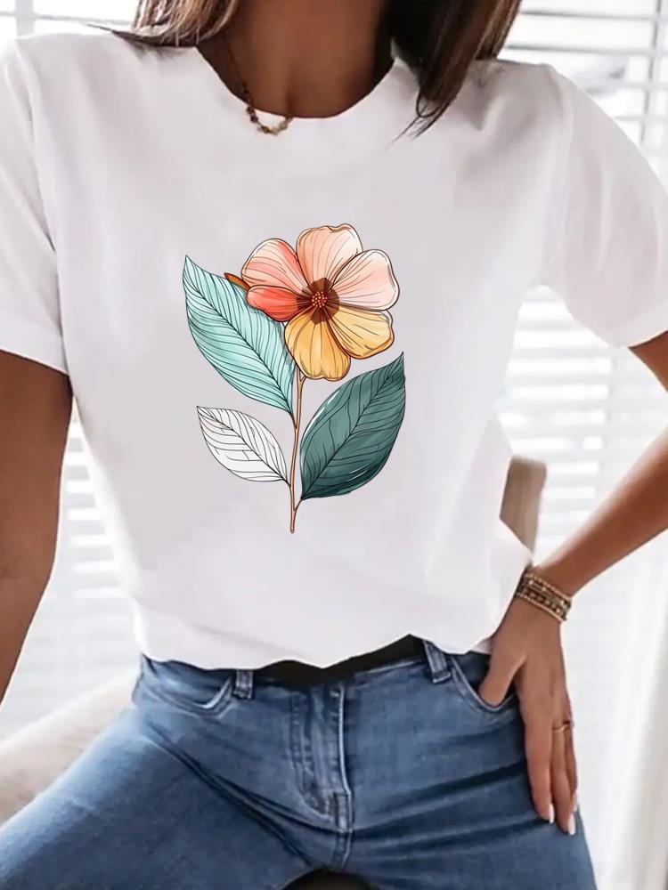 (Asian Size) Print flower butterfly trend Women Tee Top T Shirt Woman Fashion Female Short Sleeve Clothing Graphic T-shirts