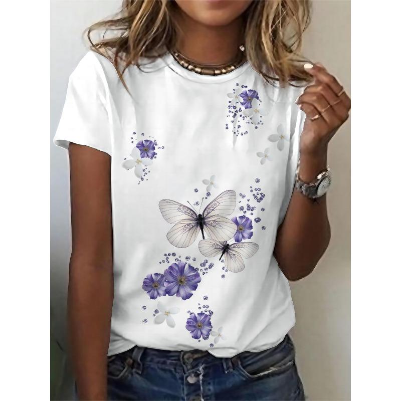 Ladies' 3D Printed Butterfly Floral Casual T-shirt Short Sleeved Round Neck Shirt