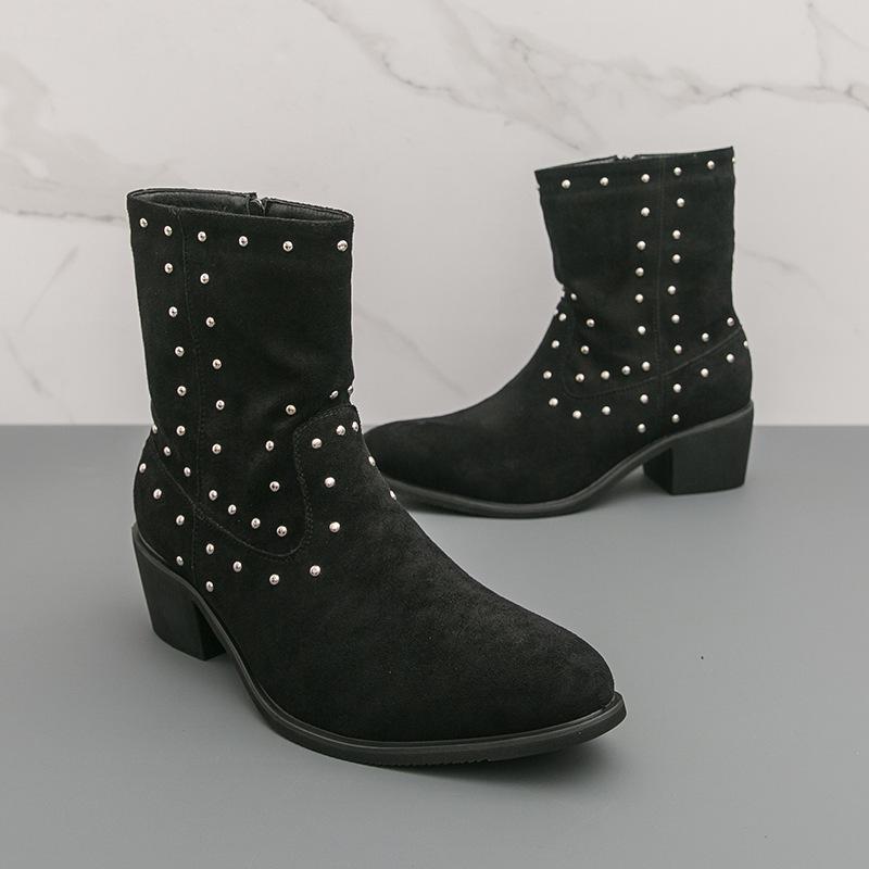 Men's Large Suede Leather Rivet Pointed Toe Ankle Boots - Medium Heel Fashion Knight Boots