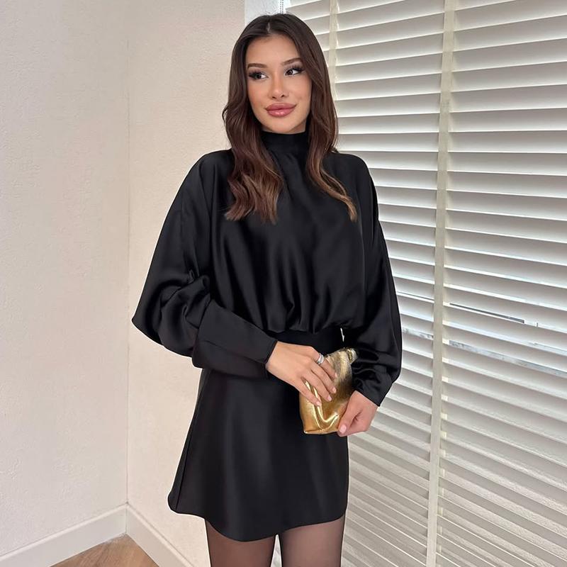 2026 Summer Satin Dress Women Blouse Dress Long Sleeve Casual Lace Up Party Mini Dress For Party Ladies Sexy Short Vestidos
