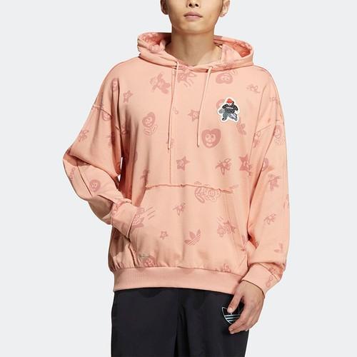 adidas Cartoon Graphic Kangaroo Pocket Pullover Hoodie for Men, Red and Pink