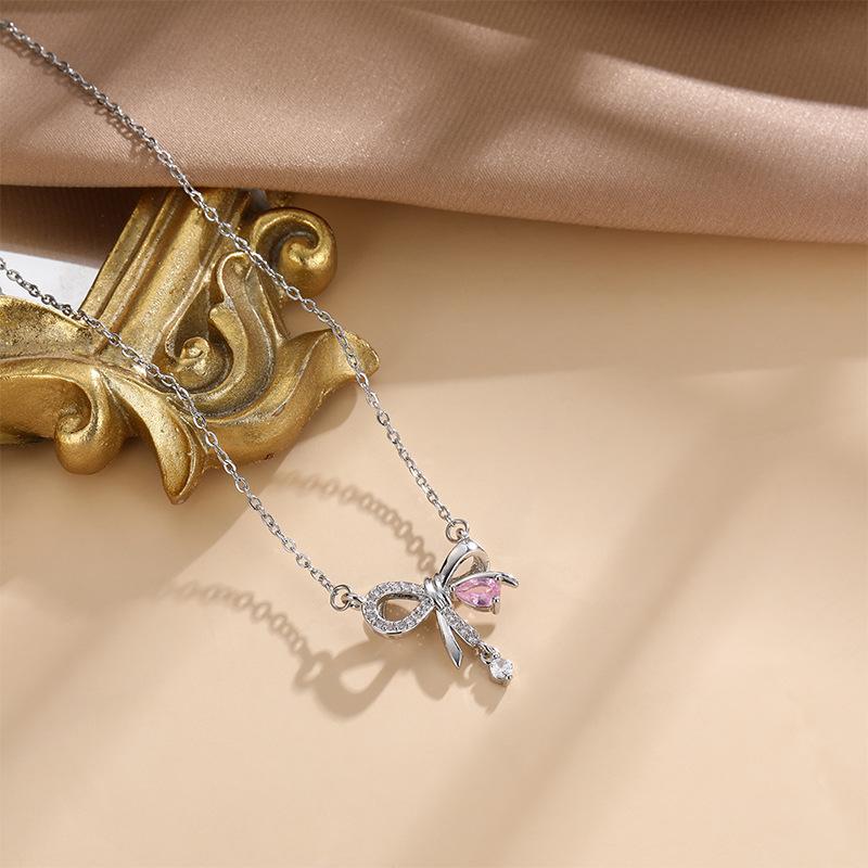 Light Luxury Design Full Diamond Bow Necklace Women'S High-End Simple And Cold Wind Flash Diamond Pendant Collarbone Chain
