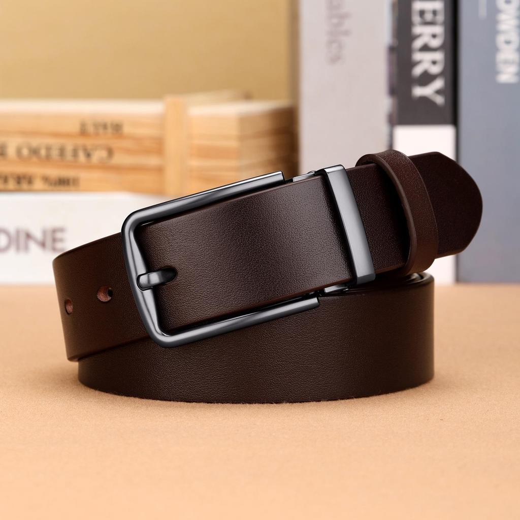 Men's Genuine Leather Minimalist Black Belt with Pin Buckle - Adjustable Fashion Trend