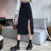 2024 High Waist Black A-line Midi Skirt with Slit