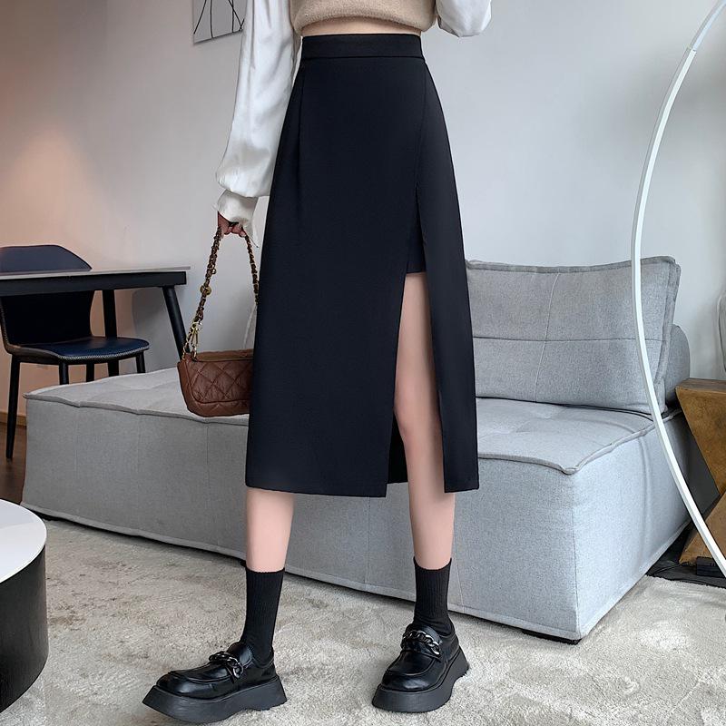 2024 High Waist Black A-line Midi Skirt with Slit