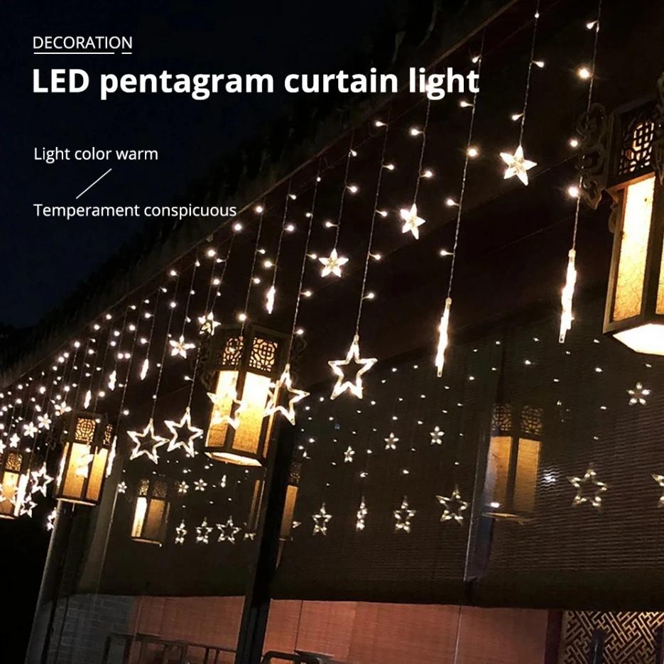 LED Pentagram Curtain Light Indoor Room Decorative Light Wedding Birthday Remote Control Curtain Lamp String with Tail