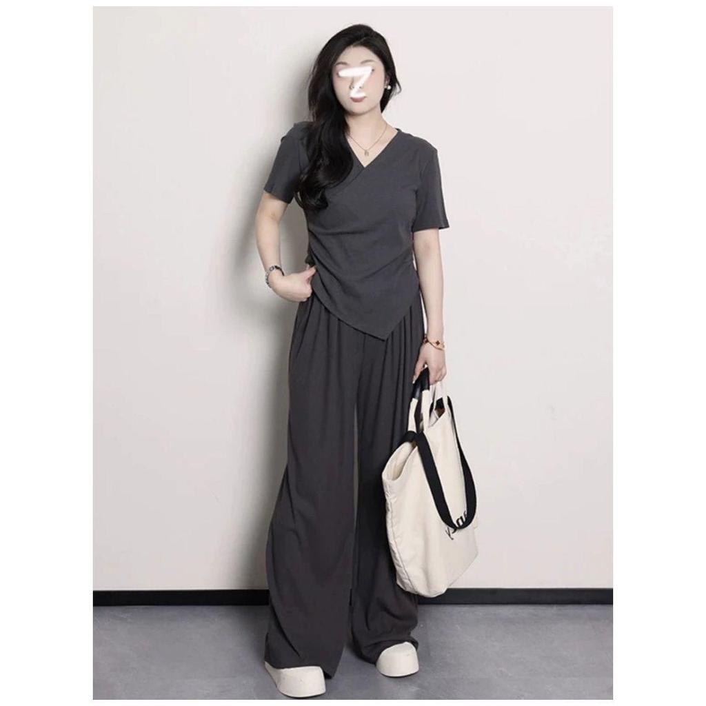 Plus Size Women's V-neck Irregular Short Sleeve Top and Wide Leg Pants - Summer Slimming Casual Set