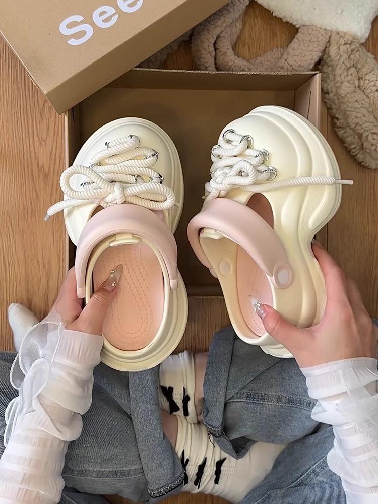 

Модные женские сандалии на платформе DIY на шнуровке Модные клоги Толстая подошва Летняя садовая обувь Женские домашние уличные тапочки Пляжные танкетки Слайды 37-38