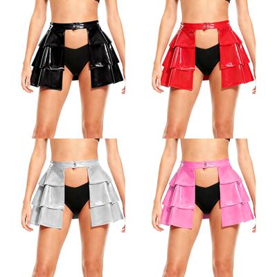 Womens Glossy PU Skirt Front Open One-button Waist Tiered Ruffled Hem A-line Miniskirt for Nightclub Pole Dance Nightwear