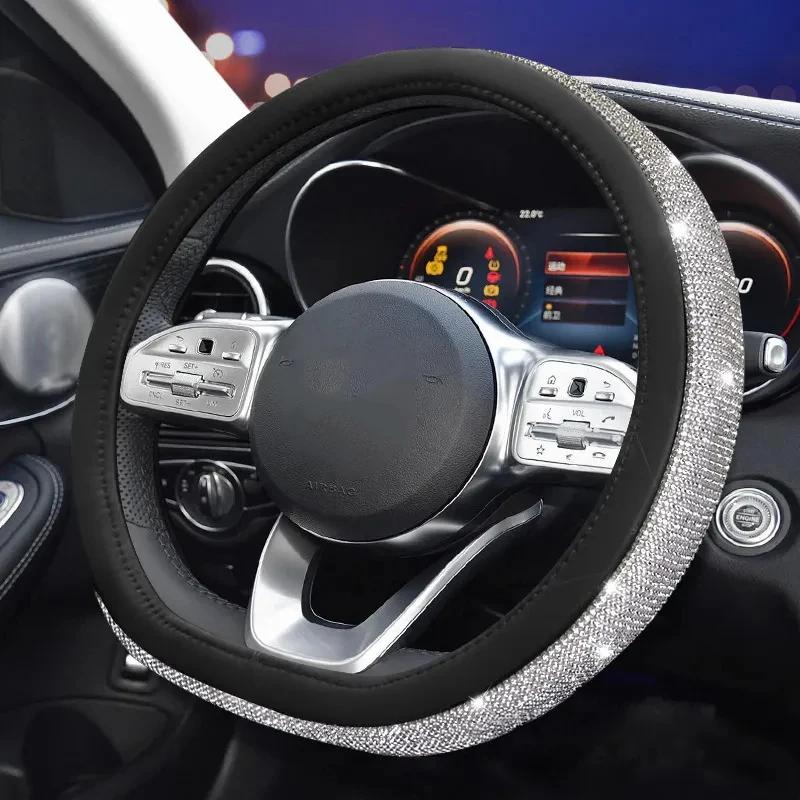 

Кожаный чехол на руль со стразами и блестящими кристаллами и бриллиантами, защита для автомобильного колеса, аксессуары для украшения салона автомобиля